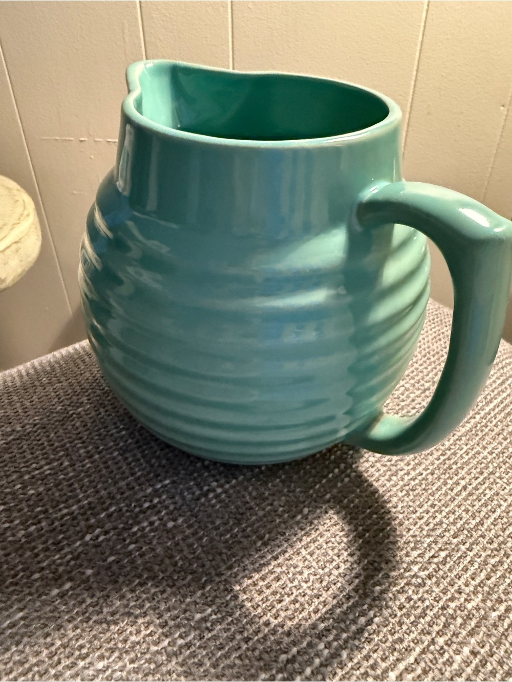 Over and Back Yellow Ware Ceramic Pitcher - Ribbed Round Design VINTAGE - Picture 7 of 7